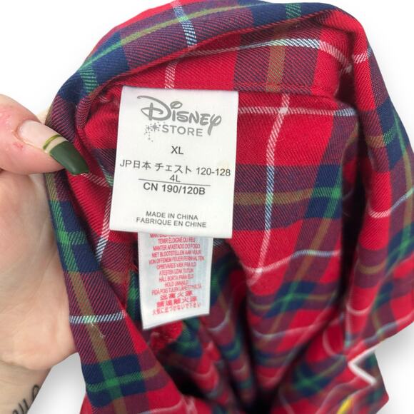 Disney Store Red Holiday Plaid Button Up Shirt XL Mickey Mouse Embroidered sleep - Picture 10 of 11